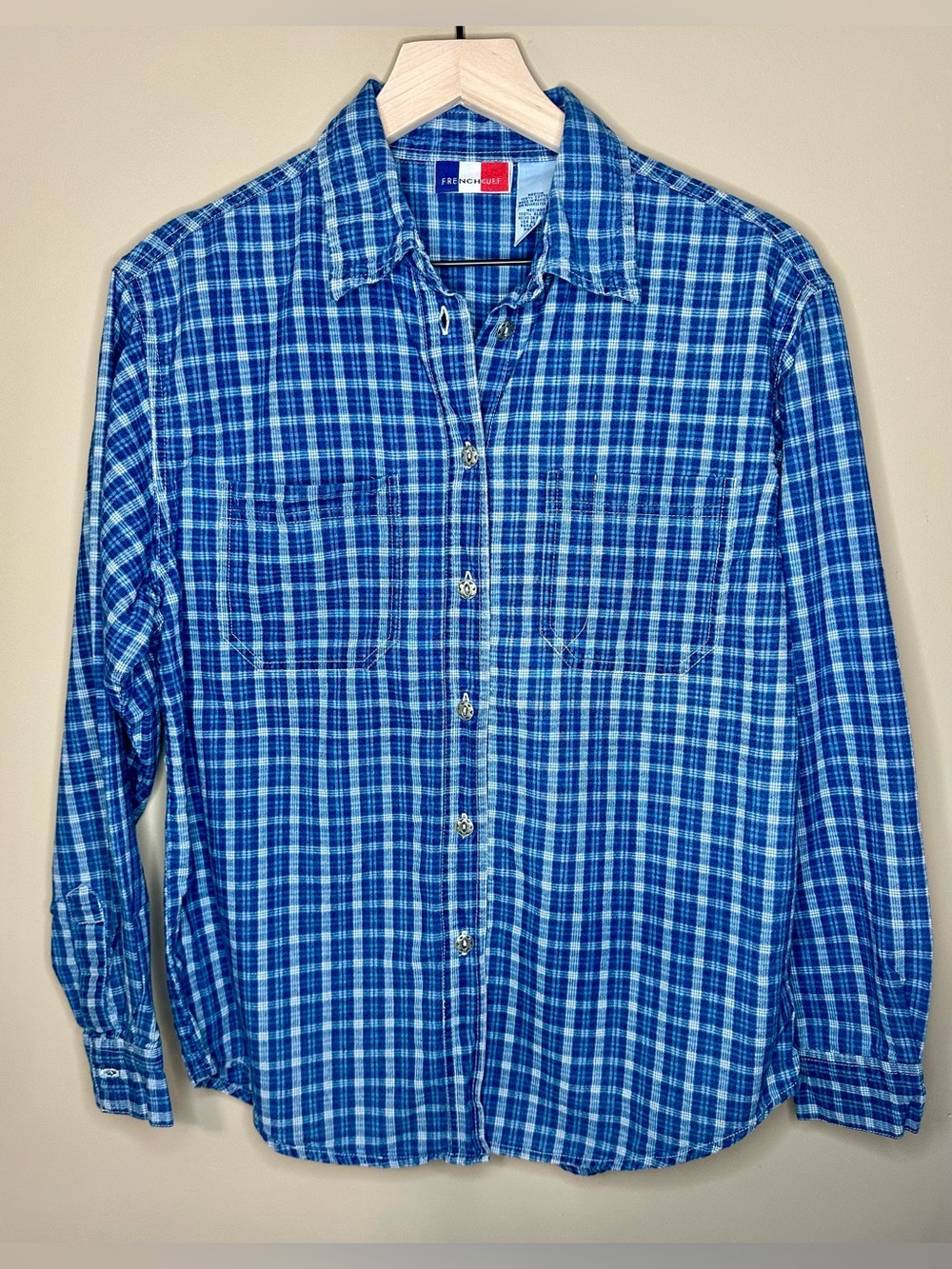 French Cuff Men’s Blue Plaid Cotton Button-Down Shirt – Size M